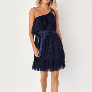 Lulu's Adorable Event Navy Blue Mesh One-Shoulder Swiss Dot Mini Dress